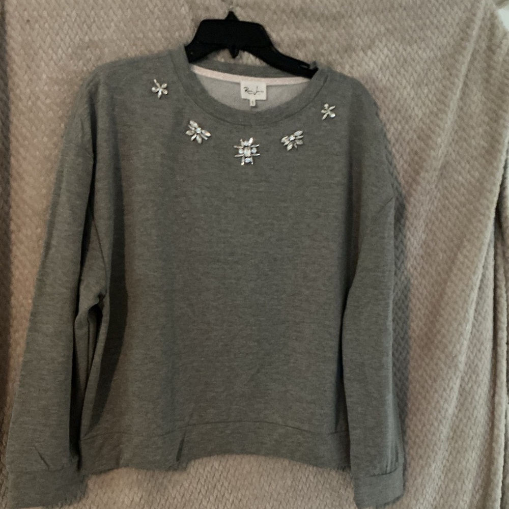 REMI JAMES CREW NECK TOP WITH NECK EMBLISHMENTS HEATHER GRAY NWT SIZE XL